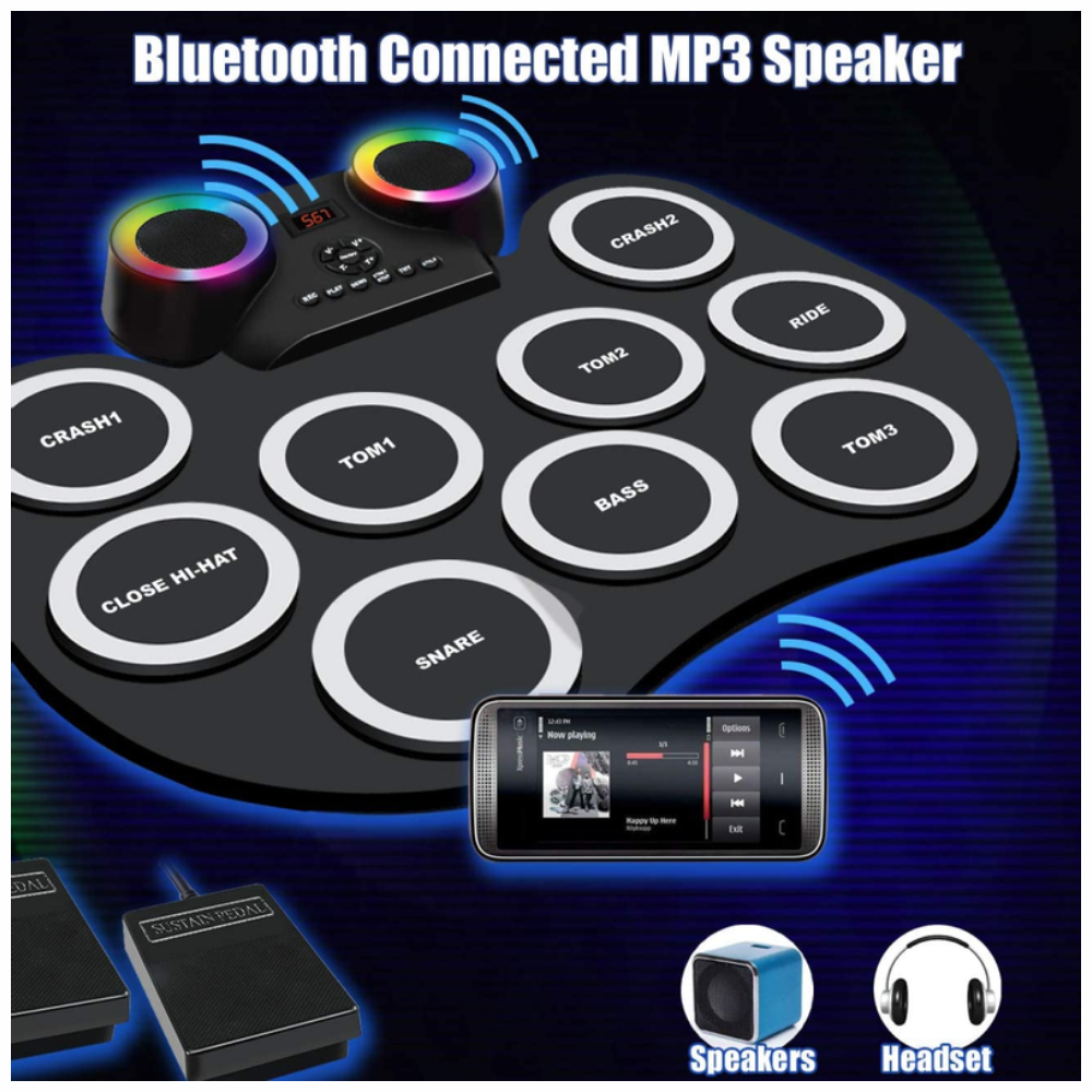 Batería Electrónica Mesa 9 Pads Bluetooth Luces LED Pedales Grabación