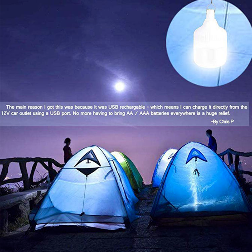 Bombillo LED Recargable Emergencia Gancho USB Camping Apagones IP65