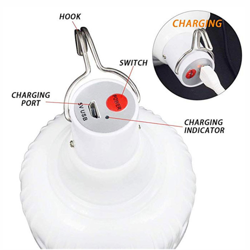 Bombillo LED Recargable Emergencia Gancho USB Camping Apagones IP65