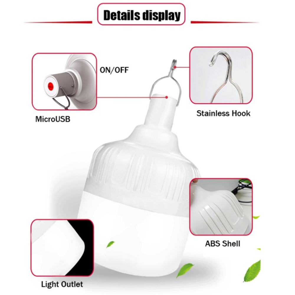 Bombillo LED Recargable Emergencia Gancho USB Camping Apagones IP65