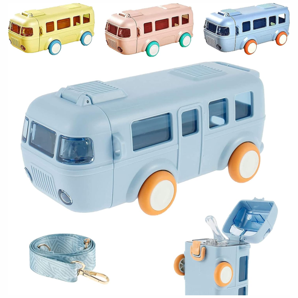 Botella Agua Niños Forma Bus Pitillo Correa 500ml Antiderrame Escolar