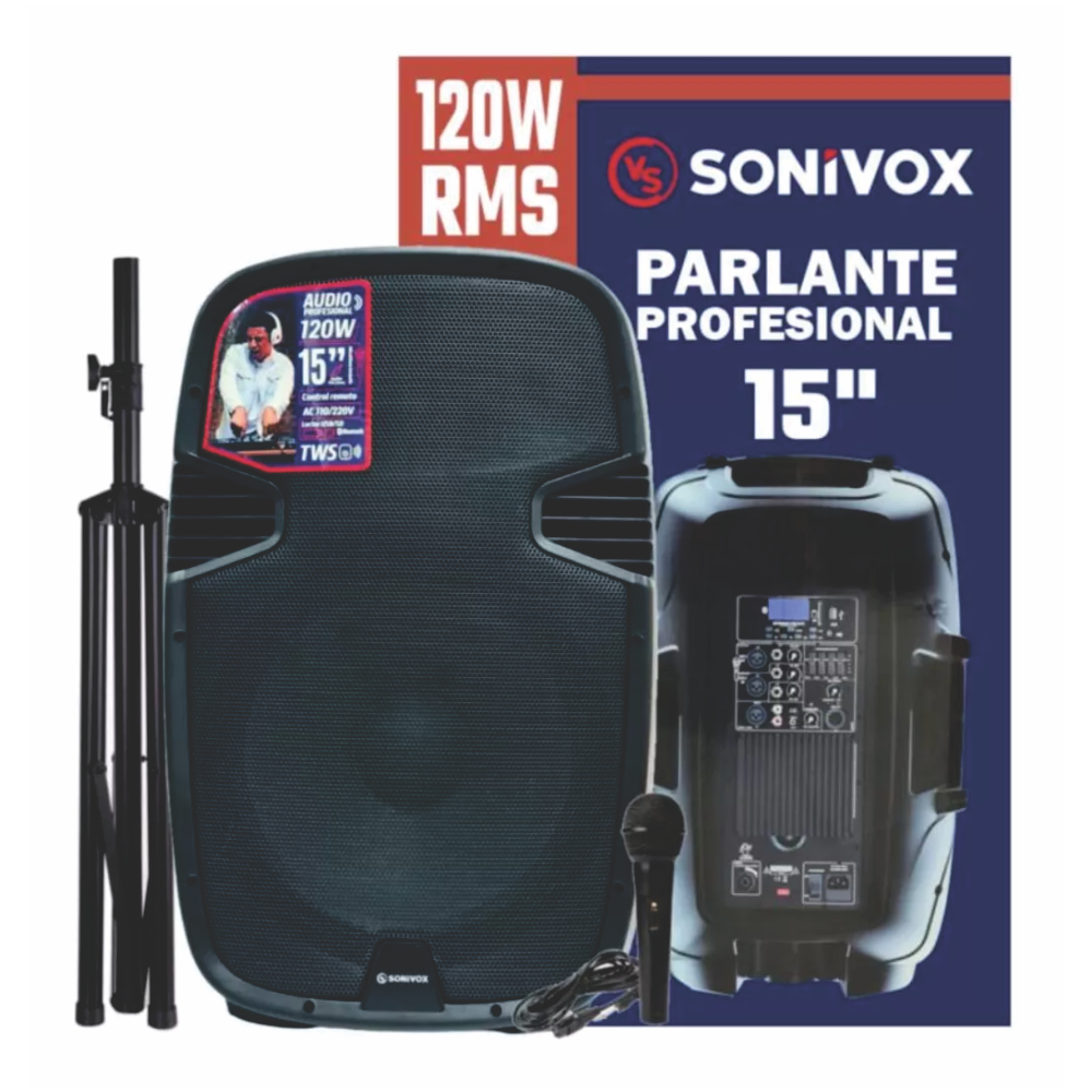 Cabina Sonido Activa 15 Pulgadas Sonivox VS-AC715NB Bluetooth 120W