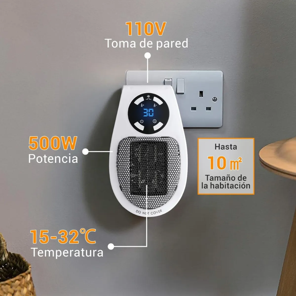 Calefactor Eléctrico Portátil Cerámico 500W Pared Control Remoto LED