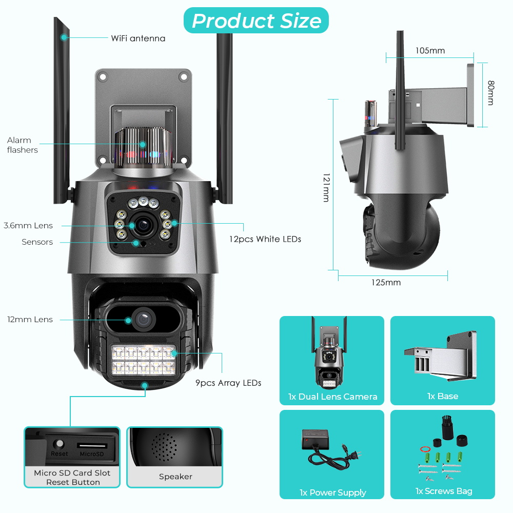 Cámara Seguridad PTZ Doble Lente 4MP WiFi Seguimiento Automático IP66