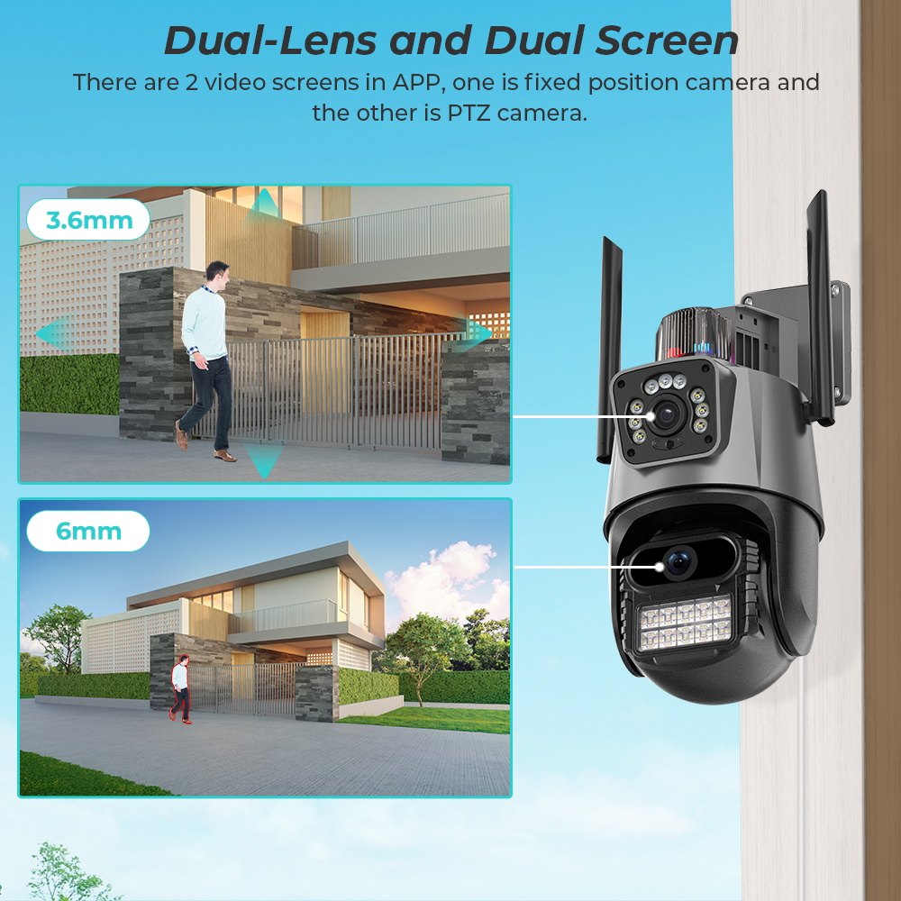 Cámara Seguridad PTZ Doble Lente 4MP WiFi Seguimiento Automático IP66
