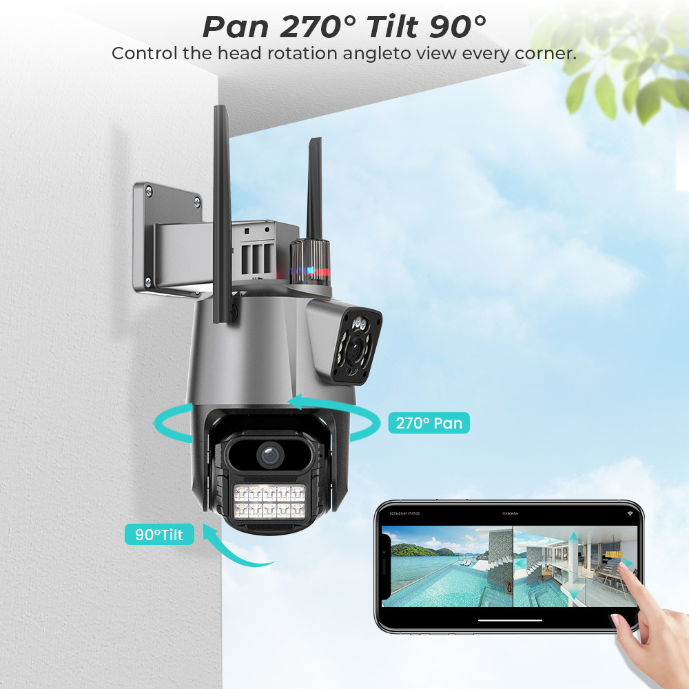 Cámara Seguridad PTZ Doble Lente 4MP WiFi Seguimiento Automático IP66