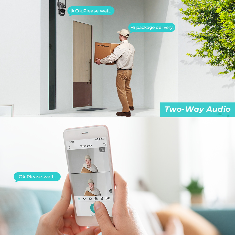 Cámara Seguridad PTZ Doble Lente 4MP WiFi Seguimiento Automático IP66