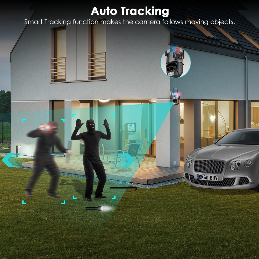 Cámara Seguridad PTZ Doble Lente 4MP WiFi Seguimiento Automático IP66