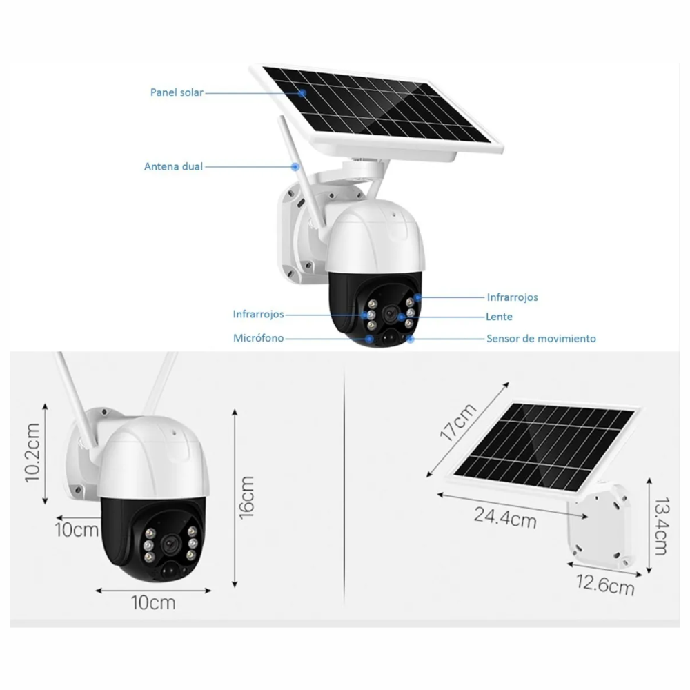 Cámara Seguridad Panel Solar 4G SIM PTZ Exterior Visión Nocturna IP65