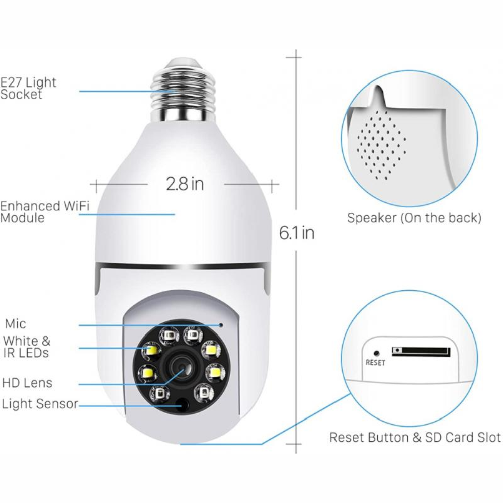 Cámara IP Bombillo 360 Grados Robótica WiFi 1080p Visión Nocturna E27