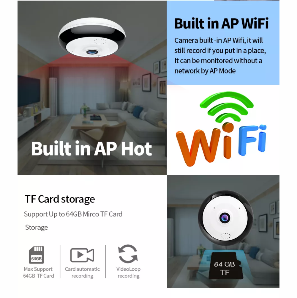 Cámara Seguridad Panorámica 360 V380 WiFi Ojo Pez 1080P 5 Modos Vista