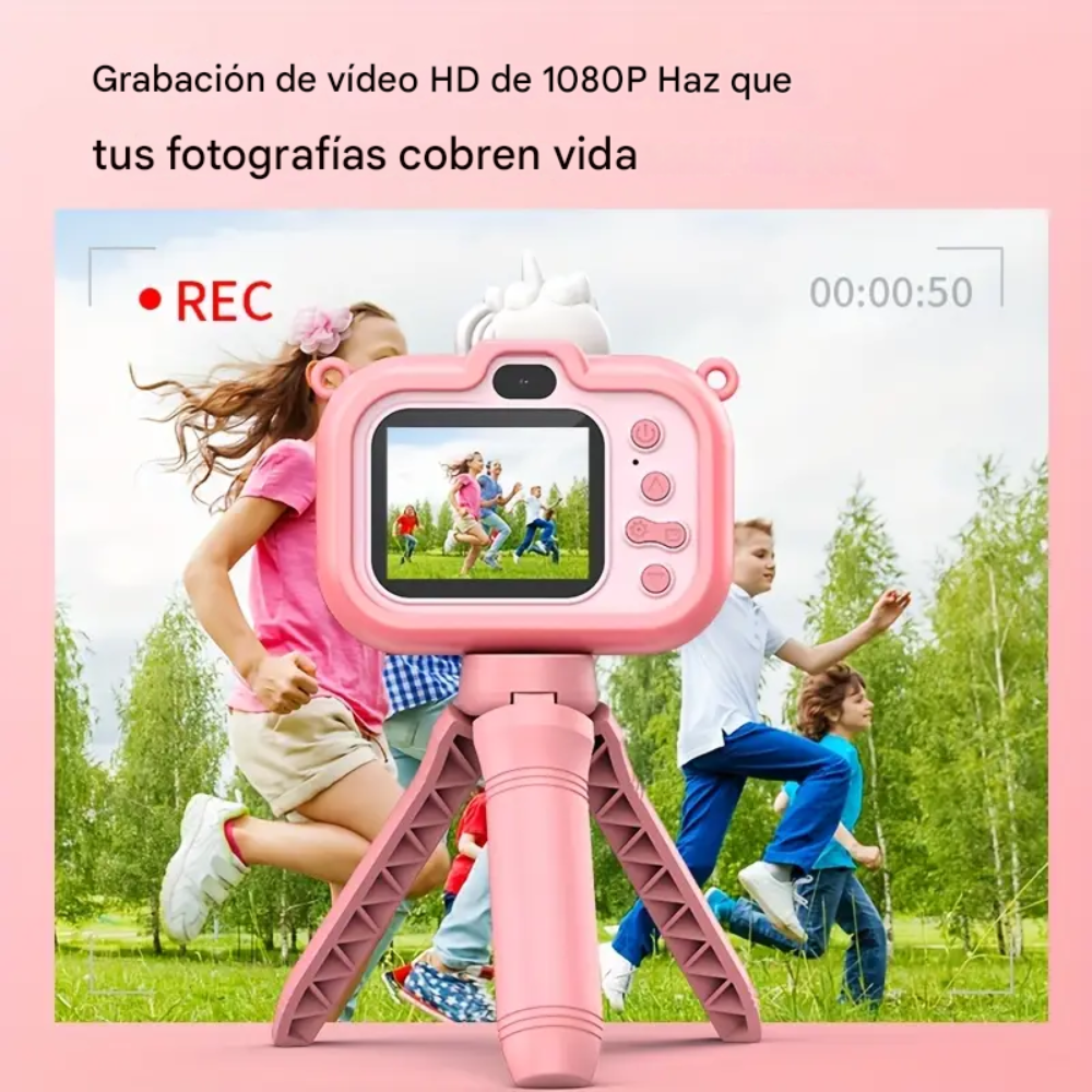 Cámara Digital Niños Unicornio Trípode Juegos Música Recargable Tipo C