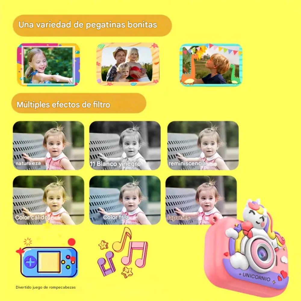 Cámara Digital Niños Unicornio Trípode Juegos Música Recargable Tipo C