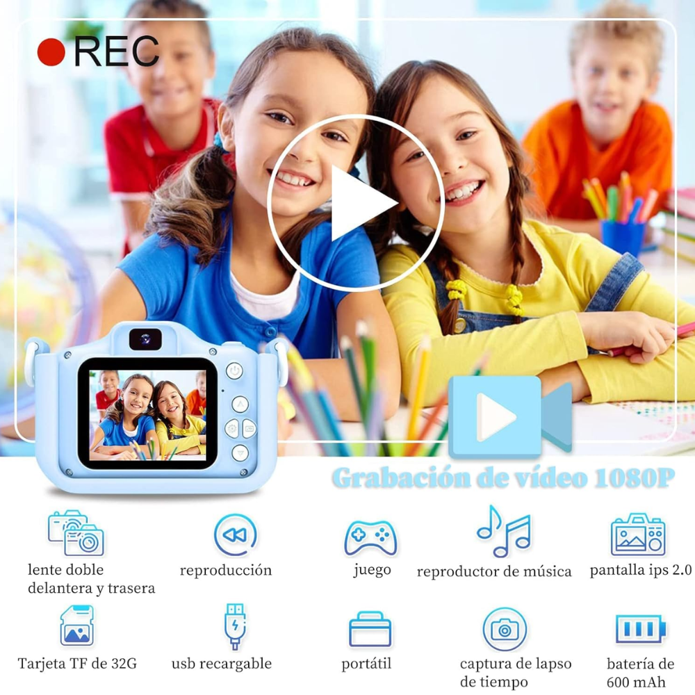 Cámara Digital Niños Recargable Fotos Video Pantalla IPS 2 Pulgadas
