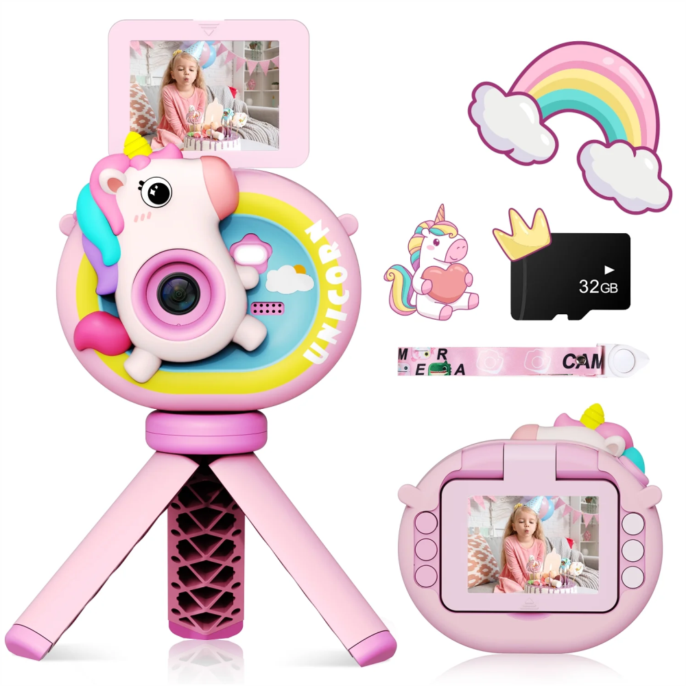 Cámara Digital Niños Pantalla Abatible Selfie Trípode SD 32GB Juegos