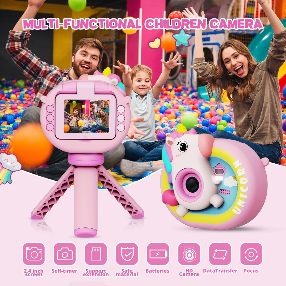 Cámara Digital Niños Pantalla Abatible Selfie Trípode SD 32GB Juegos
