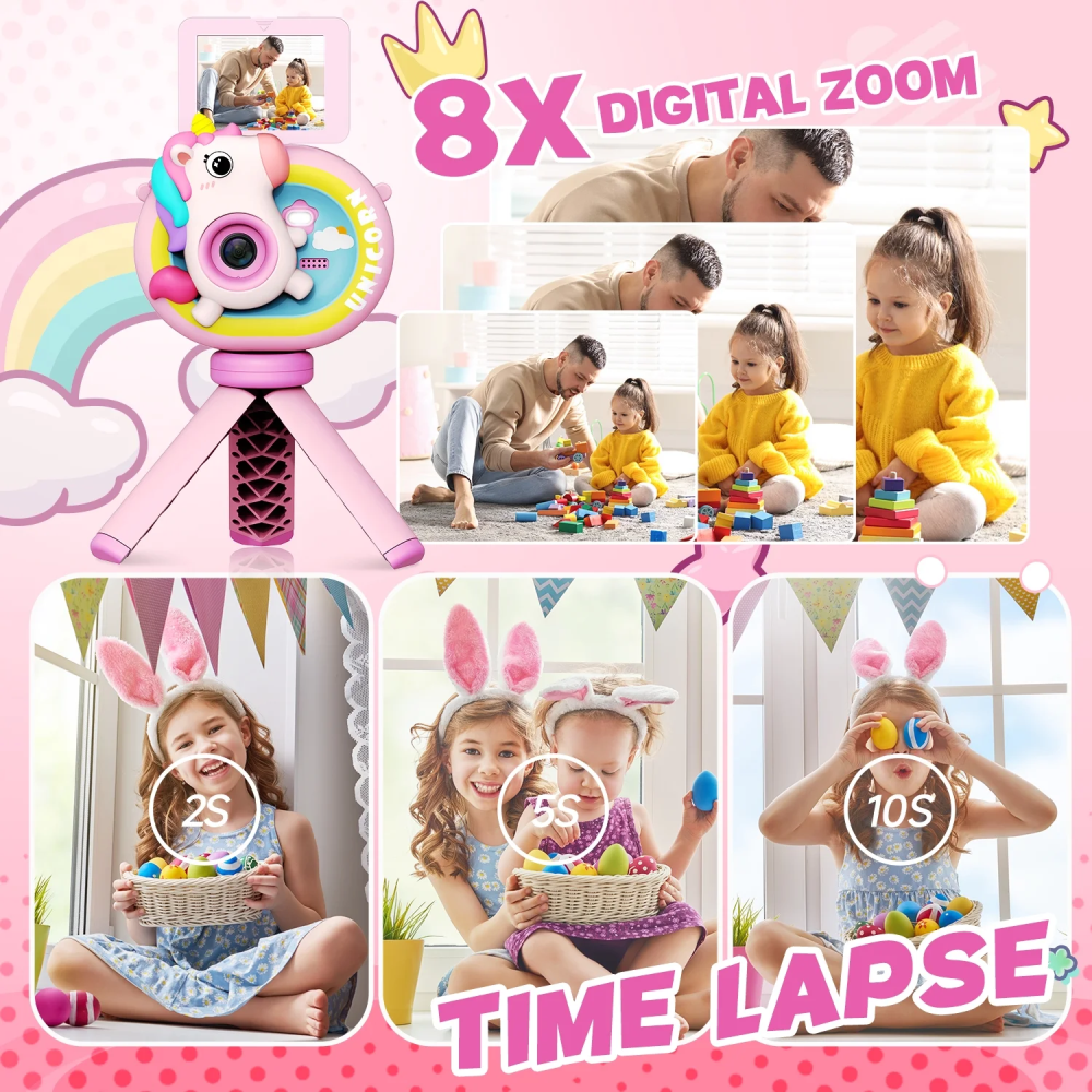 Cámara Digital Niños Pantalla Abatible Selfie Trípode SD 32GB Juegos