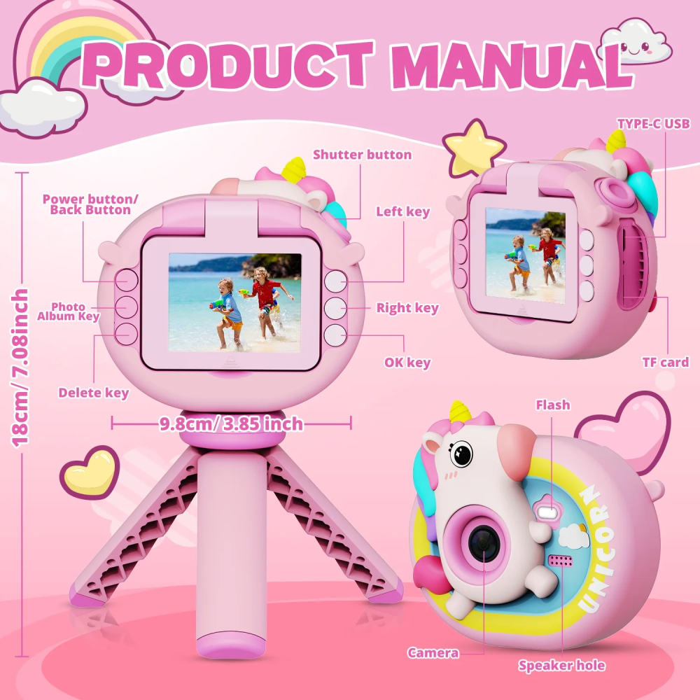 Cámara Digital Niños Pantalla Abatible Selfie Trípode SD 32GB Juegos