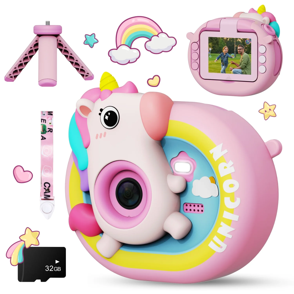 Cámara Digital Niños Pantalla Abatible Selfie Trípode SD 32GB Juegos