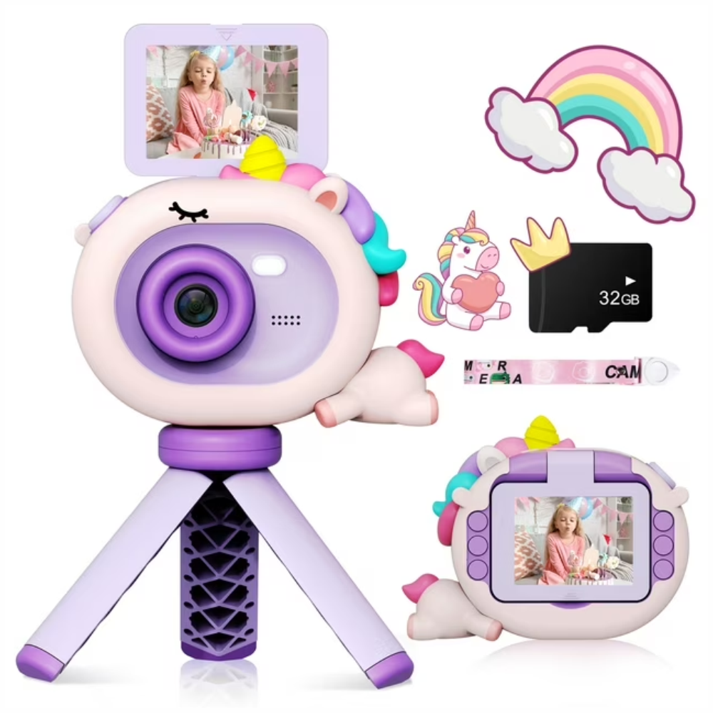 Cámara Digital Niños Pantalla Abatible Selfie Trípode SD 32GB Juegos