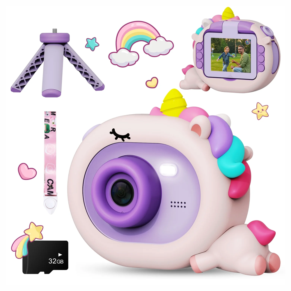 Cámara Digital Niños Pantalla Abatible Selfie Trípode SD 32GB Juegos