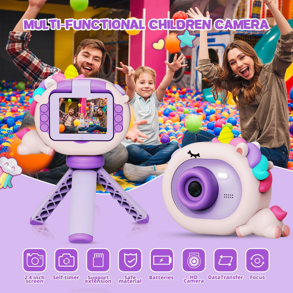 Cámara Digital Niños Pantalla Abatible Selfie Trípode SD 32GB Juegos
