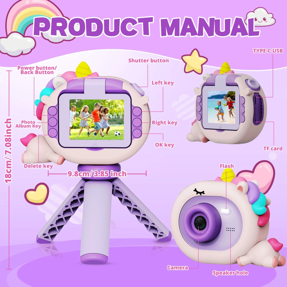 Cámara Digital Niños Pantalla Abatible Selfie Trípode SD 32GB Juegos