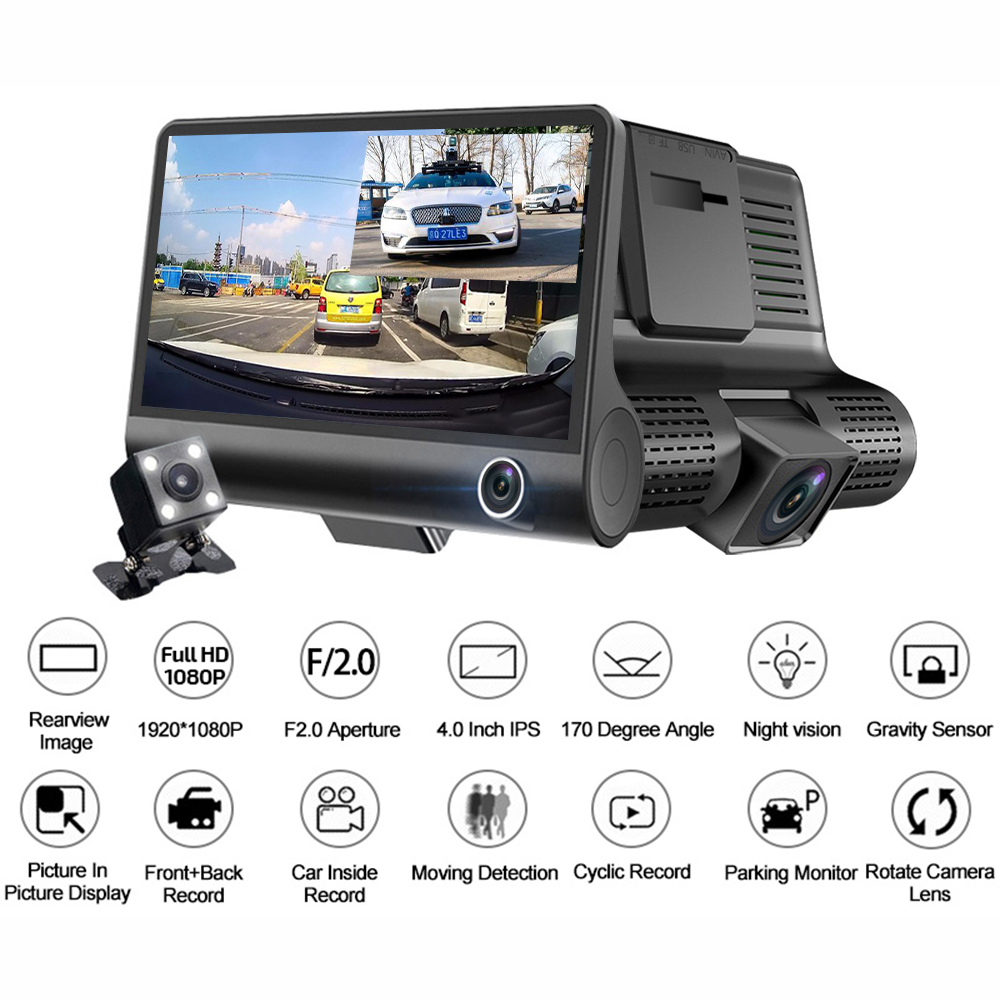 Cámara Carro 3 Lentes Full HD 1080P Pantalla 4 Pulgadas Sensor G