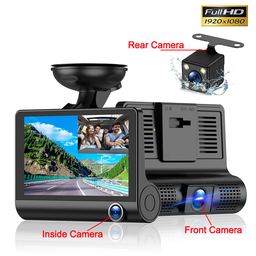 Cámara Carro 3 Lentes Full HD 1080P Pantalla 4 Pulgadas Sensor G