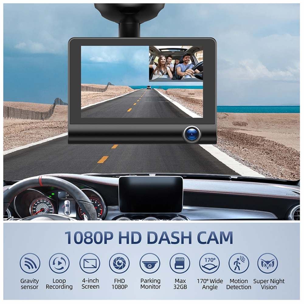 Cámara Carro 3 Lentes Full HD 1080P Pantalla 4 Pulgadas Sensor G