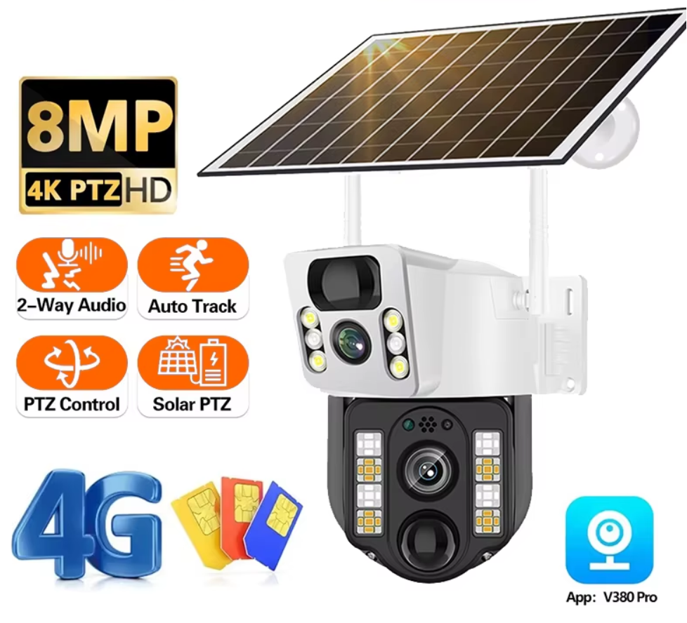 Cámara Seguridad Solar 4G SIM Doble Lente Finca Visión Nocturna V380