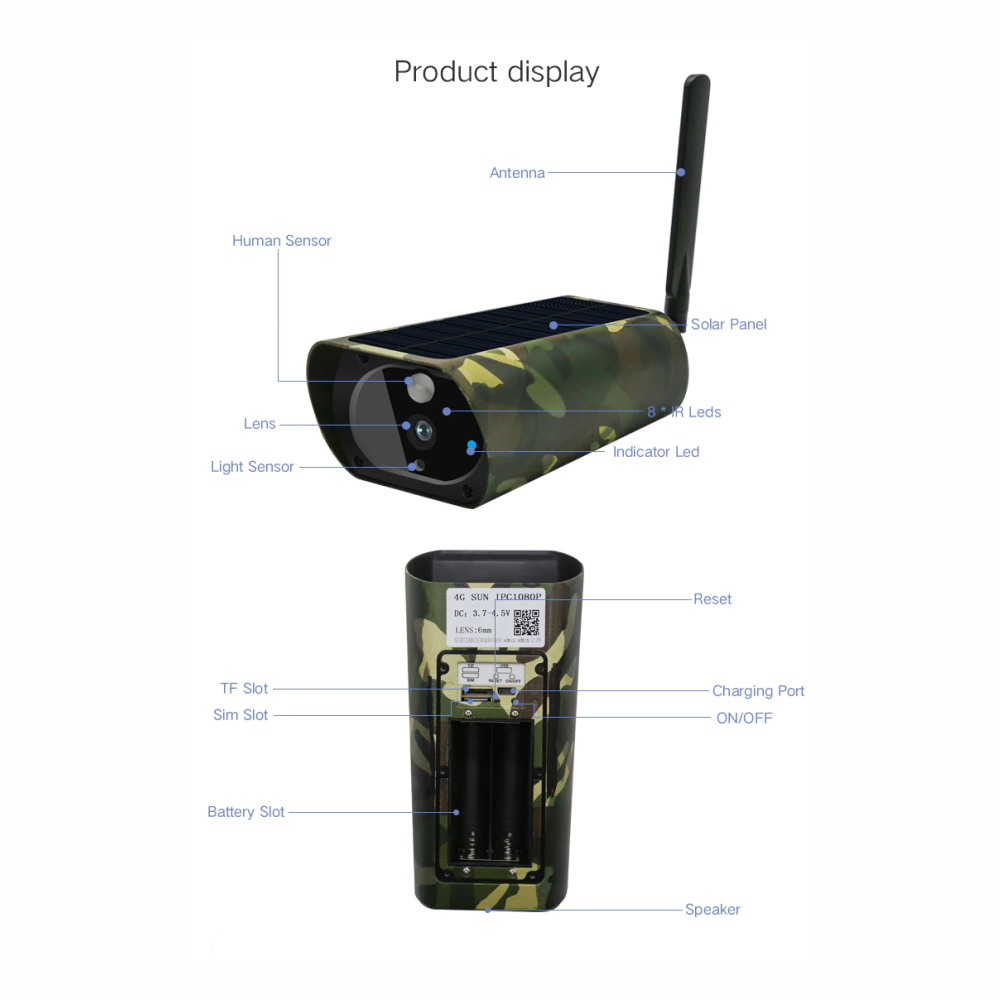 Cámara Seguridad Solar WiFi Exterior 1080P Batería PIR Audio IP67