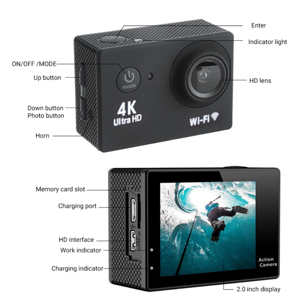 Cámara Deportiva Impermeable WiFi Control Remoto Batería Adicional HD