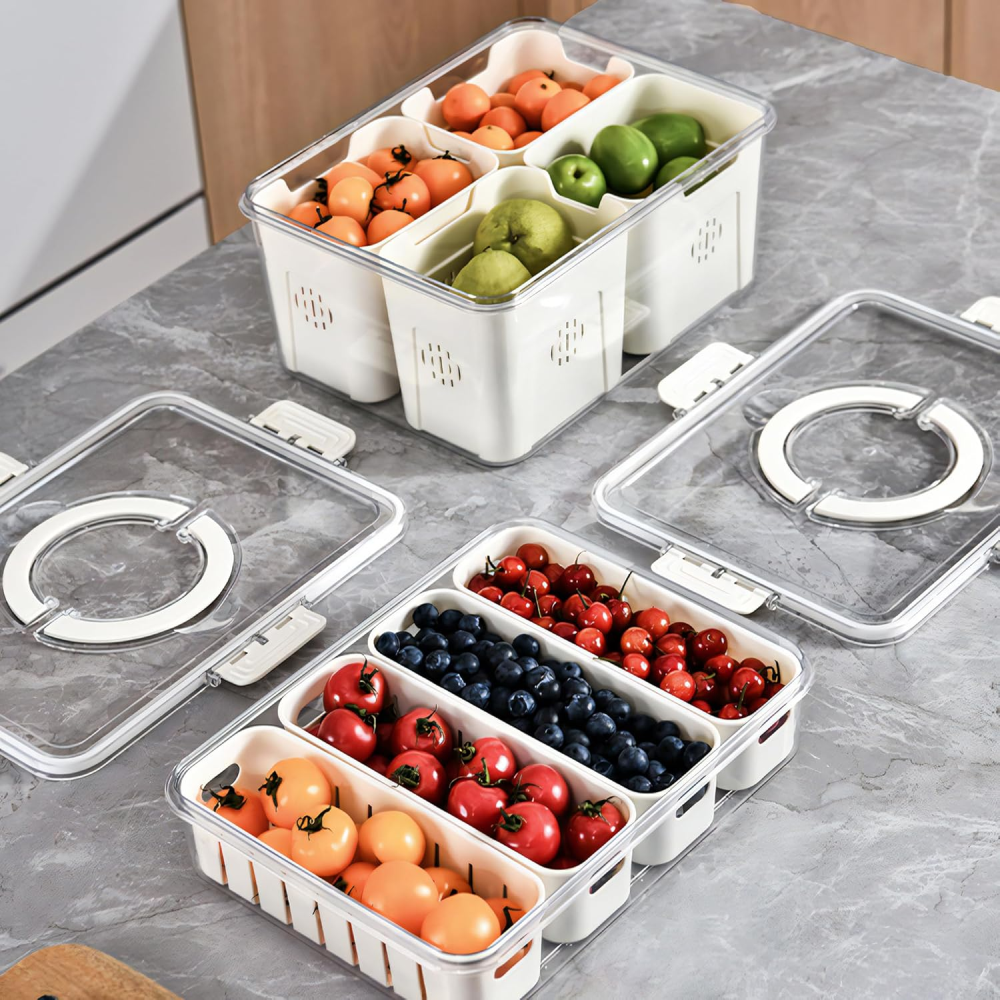 Contenedor Organizador Frutas Verduras 4 Divisiones Tapa Hermética