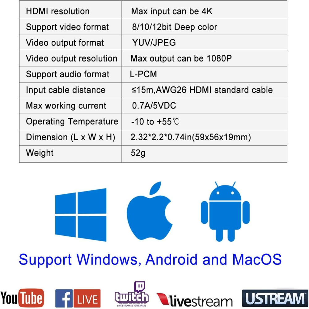 Capturadora Video HDMI USB 4K Loop Streaming OBS PS5 Xbox Switch PC