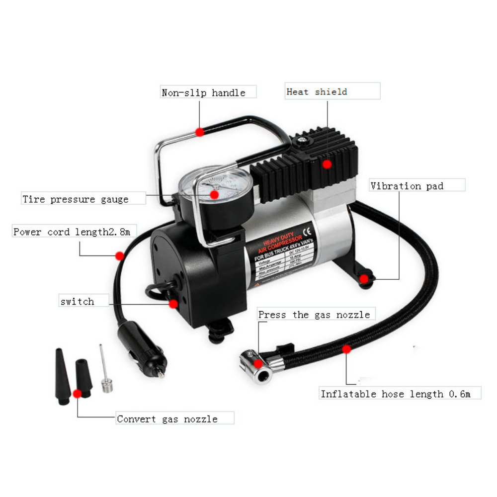 Compresor Aire 12V Portátil 150 PSI Manómetro Carro Moto Bicicleta