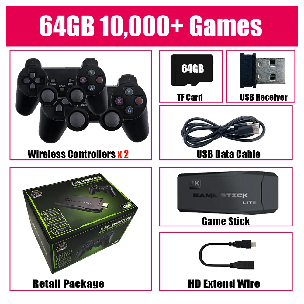 Consola Game Stick Lite 4K 10000 Juegos Retro 64GB 2 Controles HDMI