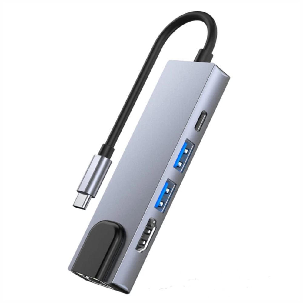 Adaptador Hub USB C 5x1 HDMI 4K Ethernet RJ45 USB Carga PD Portátil