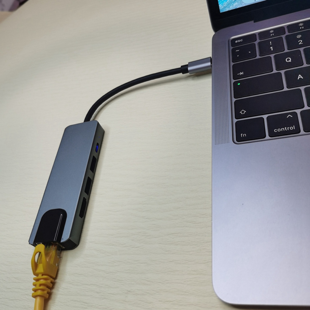 Adaptador Hub USB C 5x1 HDMI 4K Ethernet RJ45 USB Carga PD Portátil