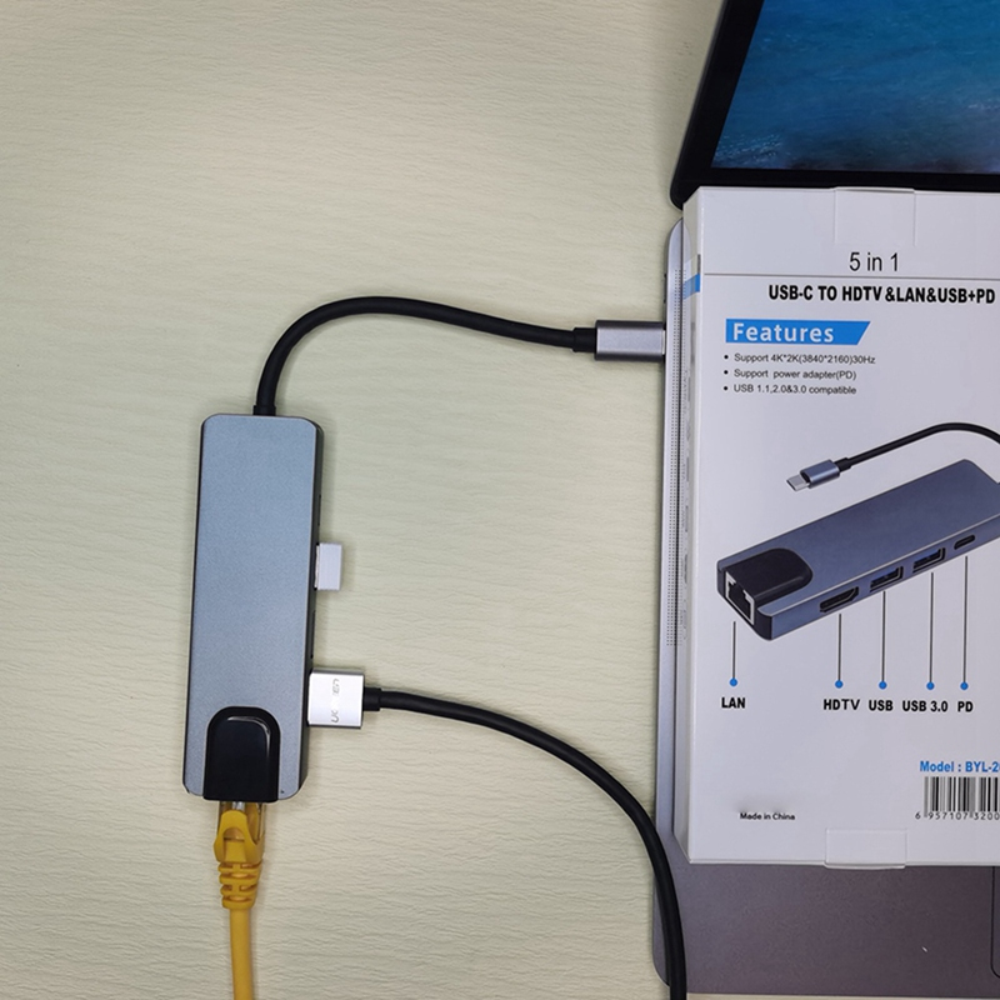 Adaptador Hub USB C 5x1 HDMI 4K Ethernet RJ45 USB Carga PD Portátil