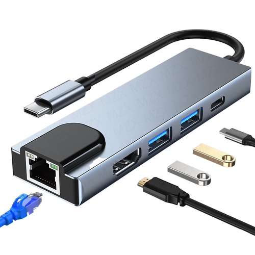 Adaptador Hub USB C 5x1 HDMI 4K Ethernet RJ45 USB Carga PD Portátil