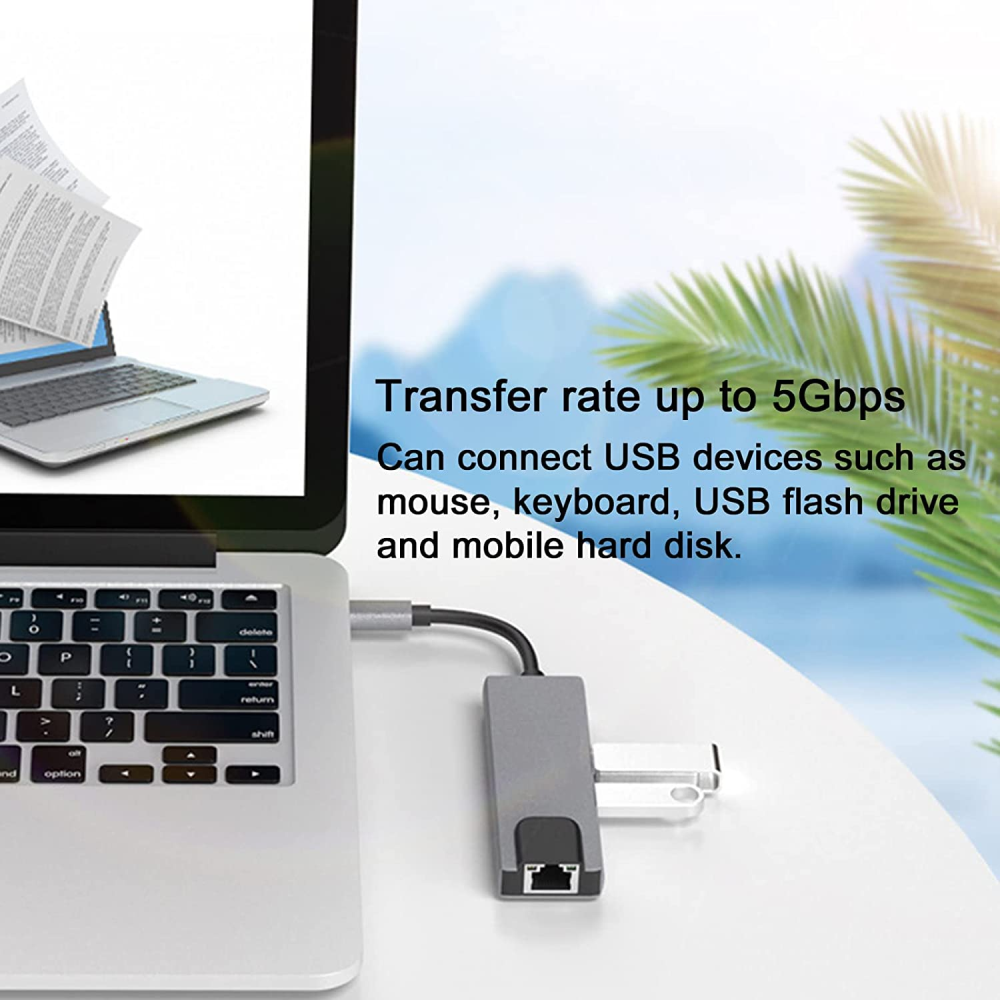 Adaptador Hub USB C 5x1 HDMI 4K Ethernet RJ45 USB Carga PD Portátil