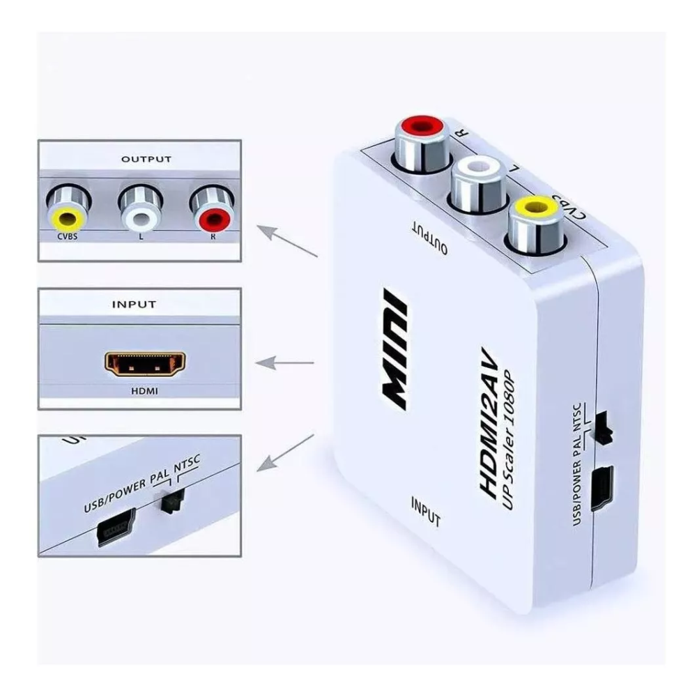 Convertidor HDMI RCA AV Caja HDMI2AV PAL NTSC Alimentación USB Blanco
