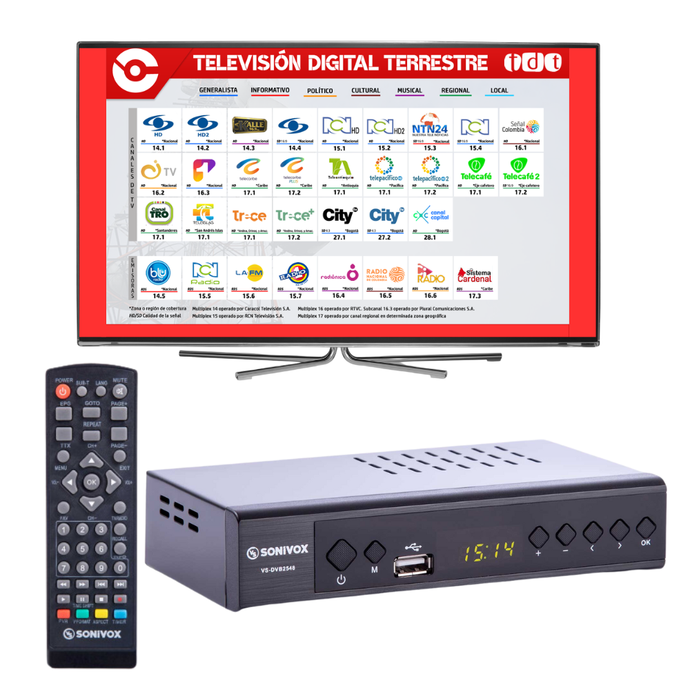 Decodificador TDT Sonivox DVB-T2 Full HD HDMI RCA USB Control Antena