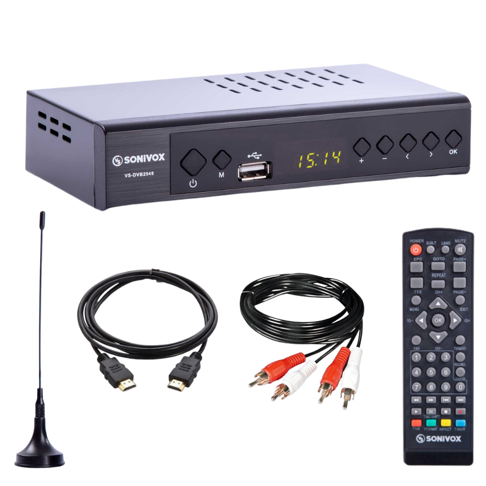 Decodificador TDT Sonivox DVB-T2 Full HD HDMI RCA USB Control Antena