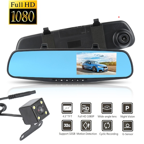 Espejo Retrovisor Cámara Doble Frontal Reversa Full HD 4.3 Pulgadas