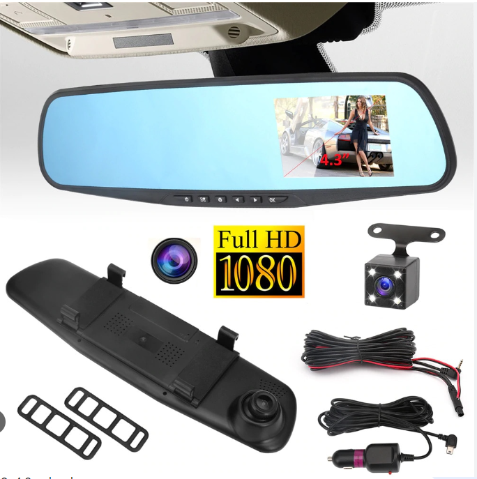 Espejo Retrovisor Cámara Doble Frontal Reversa Full HD 4.3 Pulgadas