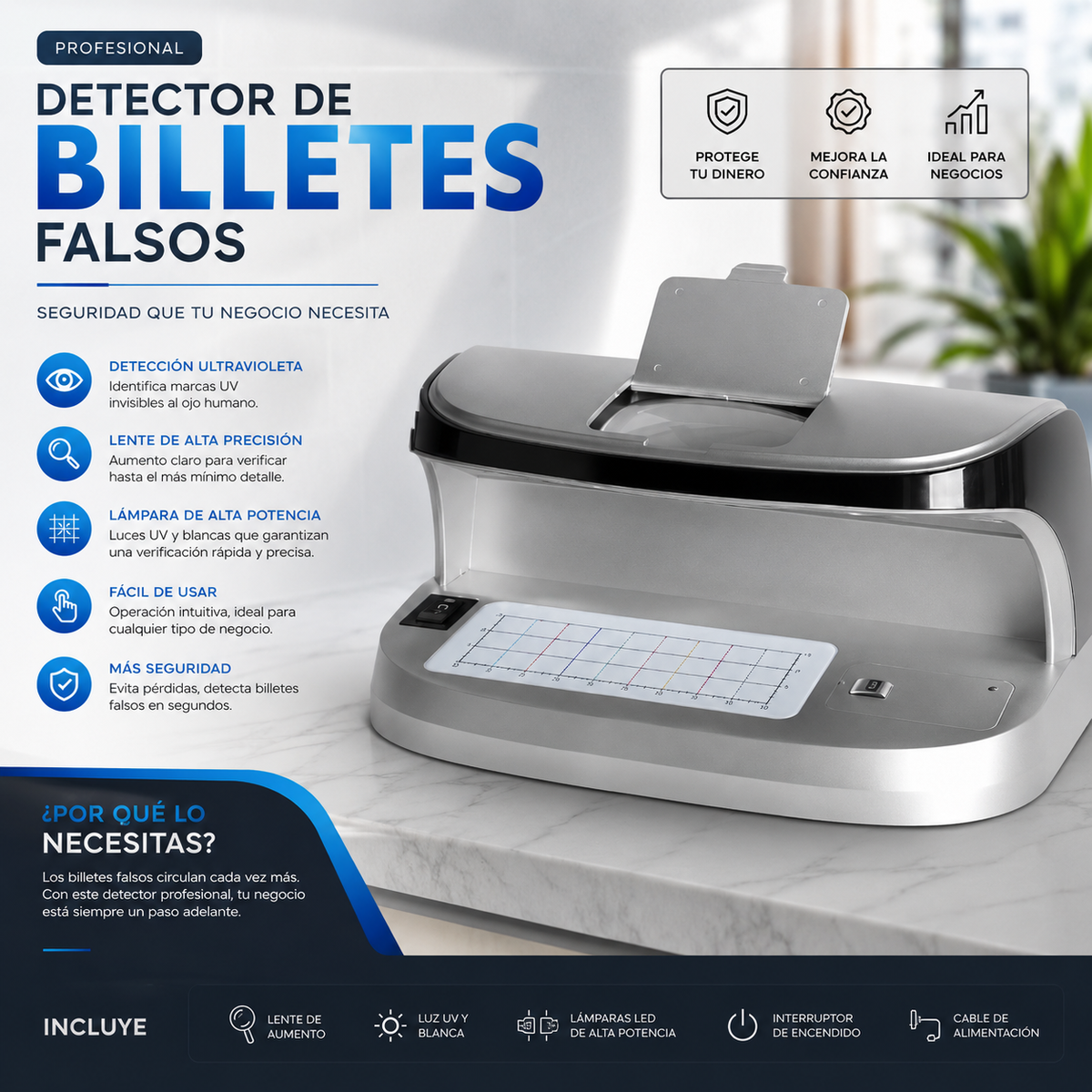 Detector Billetes Falsos Luz Ultravioleta UV MG Negocio Caja Tienda