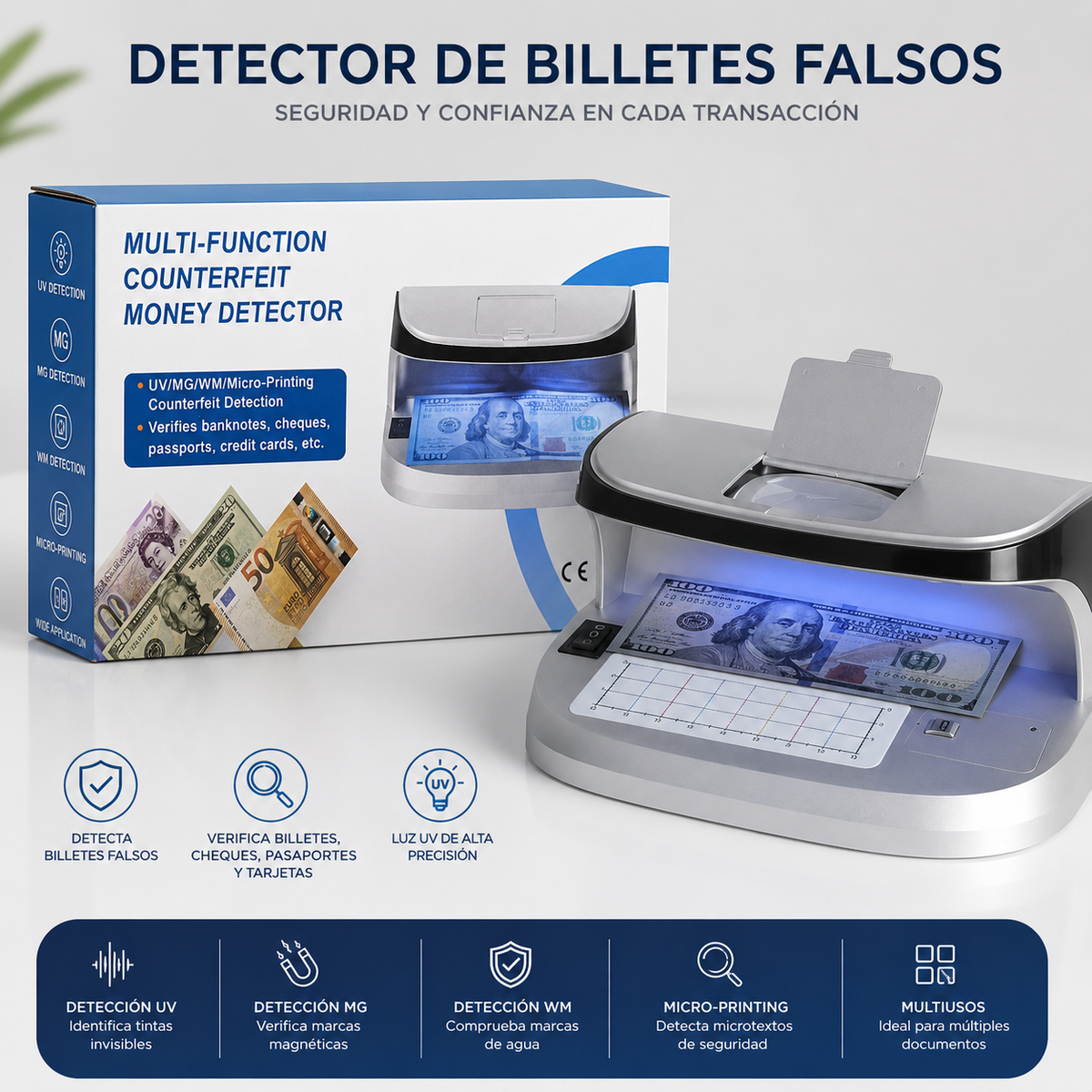 Detector Billetes Falsos Luz Ultravioleta UV MG Negocio Caja Tienda