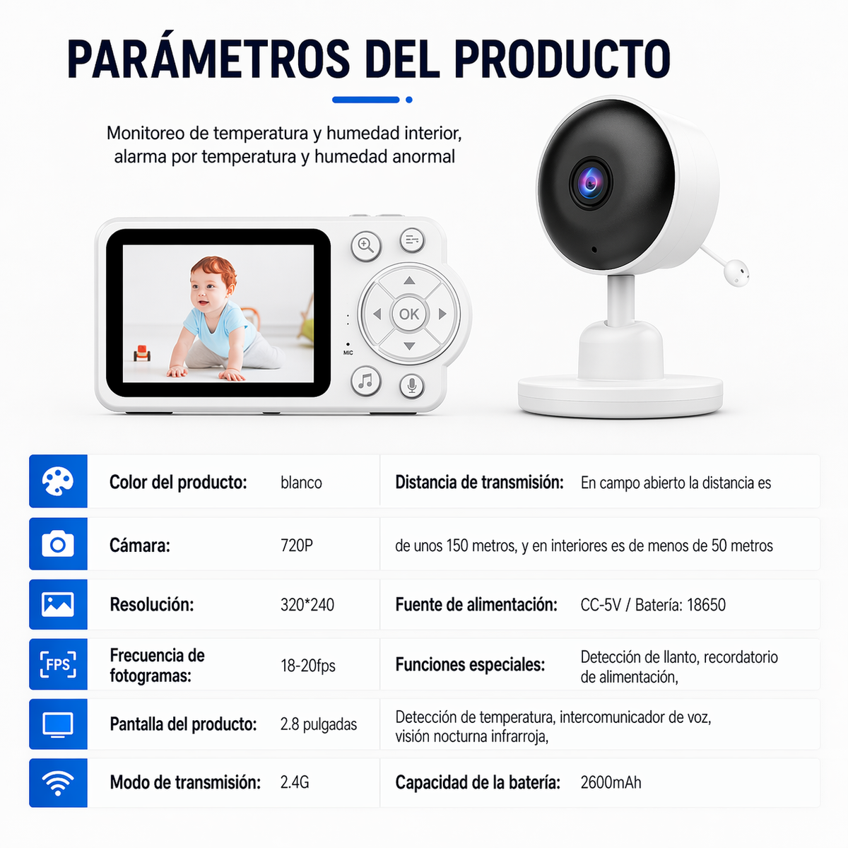Monitor Bebé Cámara Pantalla 2.8 Pulgadas Visión Nocturna Audio C3